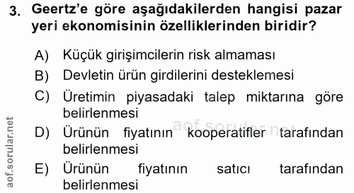 3. soru: Geertz'e göre aşağıdakilerden hangisi pazar yeri ekonomisinin özelliklerinden biridir? A) Küçük girişimcilerin risk a…