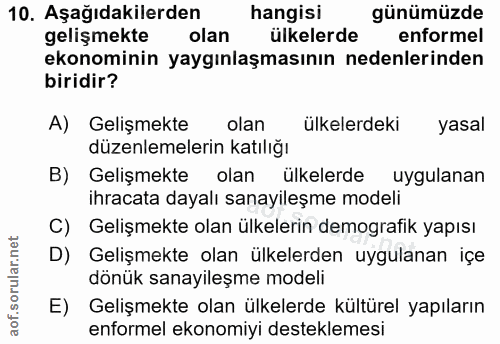 10. soru: Aşağıdakilerden hangisi günümüzde gelişmekte olan ülkelerde enformel ekonominin yaygınlaşmasının nedenlerinden biridi…