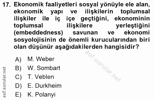 17. soru: Ekonomik faaliyetleri sosyal yönüyle ele alan, ekonomik yapı ve ilişkilerin toplumsal ilişkiler ile iç içe geçtiğini,…