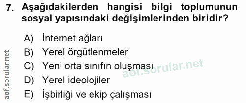 7. soru: Aşağıdakilerden hangisi bilgi toplumunun sosyal yapısındaki değişimlerinden biridir? A) Internet ağları B) Yerel örgü…