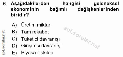 6. soru: Aşağıdakilerden hangisi geleneksel ekonominin bağımlı değişkenlerinden biridir? A) Üretim miktarı B) Tam rekabet C) T…