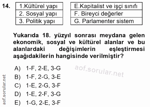 14. soru: 1. Kültürel yapı .Kapitalist ve işçi sınıfı 2. Sosyal yapı F. Bireyci değerler 3. Politik yapı G. Parlamenter sistem…