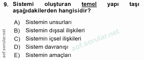9. soru: Sistemi oluşturan temel yapı taşı aşağıdakilerden hangisidir? A) Sistemin unsurları B) Sistemin dışsal ilişkileri D)…