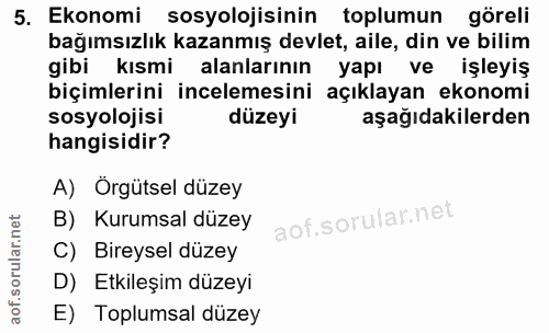 5. soru: Ekonomi sosyolojisinin toplumun göreli bağımsızlık kazanmış devlet, aile, din ve bilim gibi kısmi alanlarınınyapı ve…