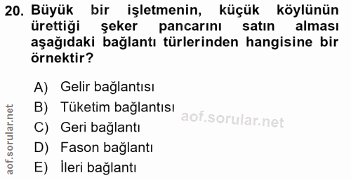 20. soru: Büyük bir işletmenin, küçük köylünün ürettiği şeker pancarını satın alması aşağıdaki bağlantı türlerinden hangisine b…