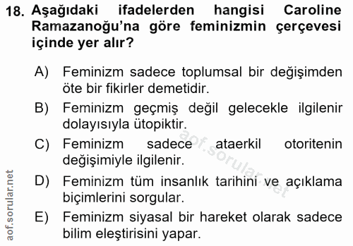 18. soru: Aşağıdaki ifadelerden hangisi Caroline Ramazanoğu'na göre feminizmin çerçevesi içinde yer alır? A) Feminizm sadece to…