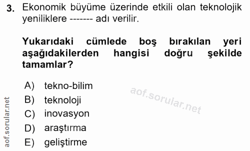 3. soru: Ekonomik büyüme üzerinde etkili olan teknolojik yeniliklere - adı verilir. Yukarıdaki cümlede boş bırakılan yeri aşağ…