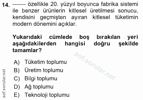 14. soru: --- özellikle 20. yüzyıl boyunca fabrika sistemi ile benzer ürünlerin kitlesel üretilmesi sonucu, kendisini geçmişten…