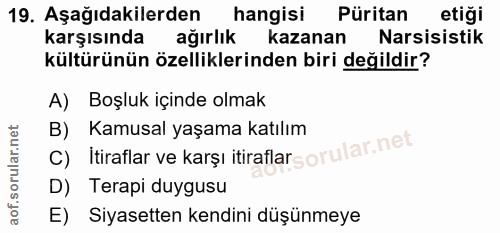 19. soru: Aşağıdakilerden hangisi Püritan etiği karşısında ağırlık kazanan Narsisistik kültürünün özelliklerinden biri değildir…