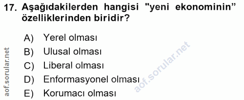 17. soru: Aşağıdakilerden hangisi "yeni ekonominin" özelliklerinden biridir? A) Yerel olması B) Ulusal olması Liberal olması E)…