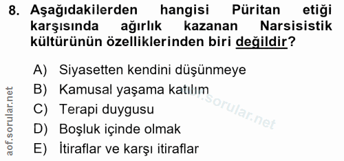 8. soru: Aşağıdakilerden hangisi Püritan etiği karşısında ağırlık kazanan Narsisistik kültürünün özelliklerinden biri değildir…