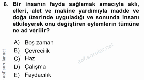 6. soru: Bir insanın fayda sağlamak amacıyla aklı, elleri, alet ve makine yardımıyla madde ve doğa üzerinde uyguladığı ve sonu…