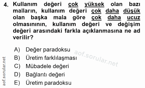 4. soru: Kullanım değeri çok yüksek olan bazı malların, kullanım değeri çok daha düşük olan başka mala göre çok daha ucuz olma…