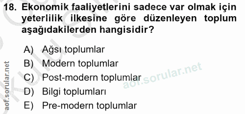 18. soru: Ekonomik faaliyetlerini sadece var olmak için yeterlilik ilkesine göre düzenleyen toplum aşağıdakilerden hangisidir?…