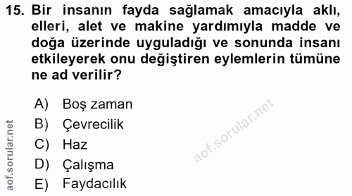 15. soru: Bir insanın fayda sağlamak amacıyla aklı, elleri, alet ve makine yardımıyla madde ve doğa üzerinde uyguladığı ve sonu…