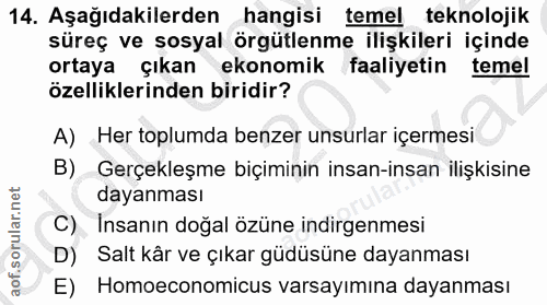 14. soru: Aşağıdakilerden hangisi temel teknolojik süreç ve sosyal örgütlenme ilişkileri içinde ortaya çıkan ekonomik faaliyeti…
