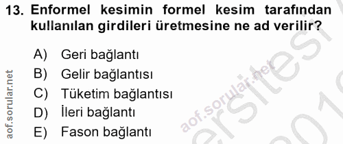 13. soru: Enformel kesimin formel kesim tarafından kullanılan girdileri üretmesine ne ad verilir? A) Geri bağlantı B) Gelir bağ…