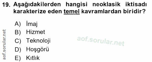 19. soru: Aşağıdakilerden hangisi neoklasik iktisadı karakterize eden temel kavramlardan biridir? A) Imaj B) Hizmet C) Teknoloj…