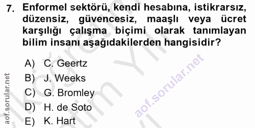 7. soru: Enformel sektörü, kendi hesabına, istikrarsız, düzensiz, güvencesiz, maaşlı veya ücret karşılığı çalışma biçimi olara…