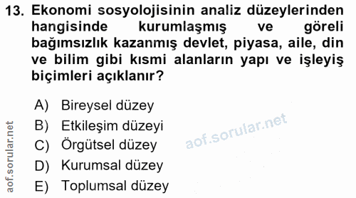 13. soru: Ekonomi sosyolojisinin analiz düzeylerinden hangisinde kurumlaşmış ve göreli bağımsızlık kazanmış devlet, piyasa, ail…