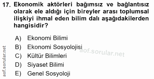 17. soru: Ekonomik aktörleri bağımsız ve bağlantısız olarak ele aldığı için bireyler arası toplumsal ilişkiyi ihmal eden bilim…