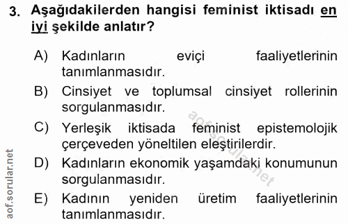 3. soru: Aşağıdakilerden hangisi feminist iktisadı en iyi şekilde anlatır? A) Kadınların eviçi faaliyetlerinin tanımlanmasıdır…