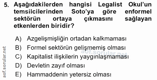 5. soru: Aşağıdakilerden hangisi Legalist Okul'un temsilcilerinden Soto'ya göre enformel sektörün ortaya çıkmasını sağlayan et…