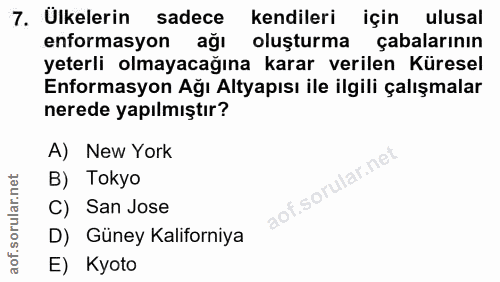 7. soru: Ülkelerin sadece kendileri için ulusal enformasyon ağı oluşturma çabalarının yeterli olmayacağına karar verilen Küres…