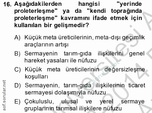 16. soru: Aşağıdakilerden hangisı "yerinde proleterleşme" ya da "kendi toprağında proleterleşme" kavramını ifade etmek için kul…
