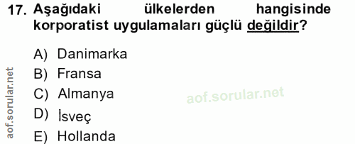 17. soru: Aşağıdaki ülkelerden hangisinde korporatist uygulamaları güçlü değildir? A) Danimarka B) Fransa C) Almanya D) İsveç E…