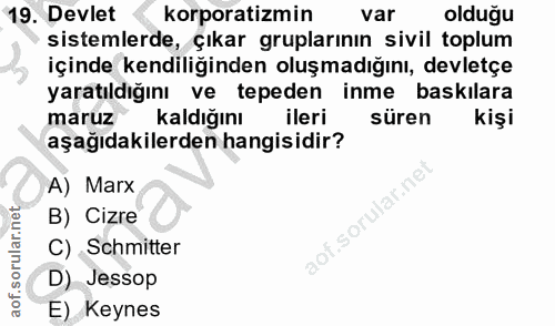19. soru: Devlet korporatizmin var olduğu sistemlerde, çıkar gruplarının sivil toplum içinde kendiliğinden oluşmadığını, devlet…