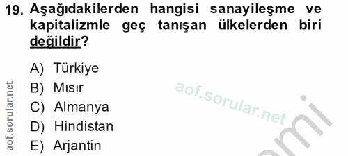 19. soru: Aşağıdakilerden hangisi sanayileşme ve kapitalizmle geç tanışan ülkelerden biri değildir? A) Türkiye B) Mısır C) Alma…