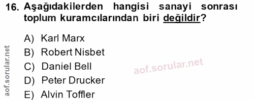 16. soru: Aşağıdakilerden hangisi sanayi sonrası toplum kuramcılarından biri değildir? A) Karl Marx B) Robert Nisbet C) Daniel…