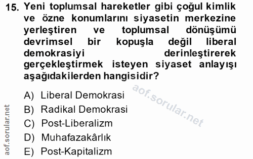 15. soru: Yeni toplumsal hareketler gibi çoğul kimlik ve özne konumlarını siyasetin merkezine yerleştiren ve toplumsal dönüşümü…