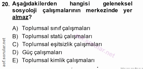 20. soru: Aşağıdakilerden hangisi geleneksel sosyoloji çalışmalarının merkezinde yer almaz? A) Toplumsal sınıf çalışmaları B) T…