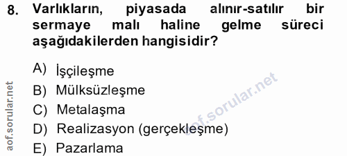 8. soru: Varlıkların, piyasada alınır-satılır bir sermaye malı haline gelme süreci aşağıdakilerden hangisidir? A) İşçileşme Il…
