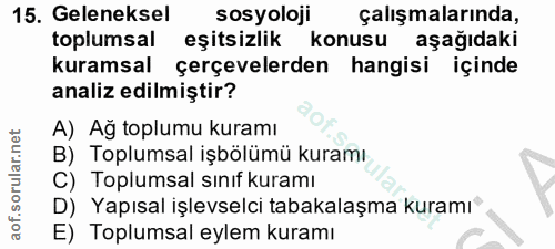 15. soru: Geleneksel sosyoloji çalışmalarında, toplumsal eşitsizlik konusu aşağıdaki kuramsal çerçevelerden hangisi içinde anal…