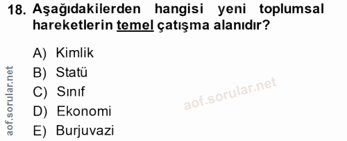 18. soru: Aşağıdakilerden hangisi yeni toplumsal hareketlerin temel çatışma alanıdır? A) Kimlik B) Statü C) Sınıf D) Ekonomi E)…