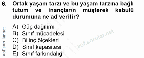 6. soru: Ortak yaşam tarzı ve bu yaşam tarzına bağlı tutum ve inançların müşterek kabulü durumuna ne ad verilir? A) Güç dağılı…