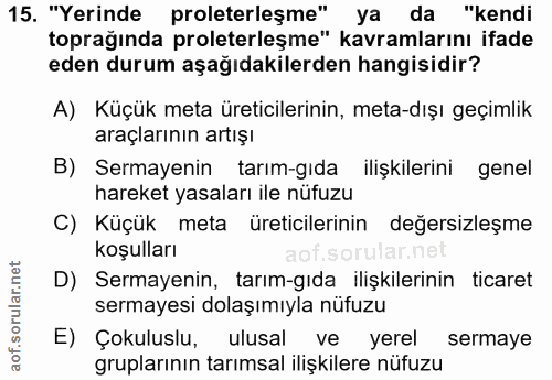 15. soru: "Yerinde proleterleşme" ya da "kendi toprağında proleterleşme" kavramlarını ifade eden durum aşağıdakilerden hangisid…