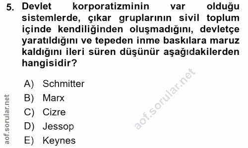 5. soru: Devlet korporatizminin var olduğu sistemlerde, çıkar gruplarının sivil toplum içinde kendiliğinden oluşmadığını, devl…