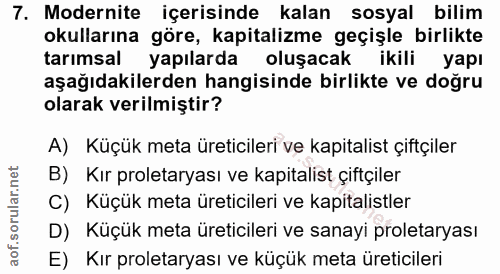 7. soru: Modernite içerisinde kalan sosyal bilim okullarına göre, kapitalizme geçişle birlikte tarımsal yapılarda oluşacak iki…