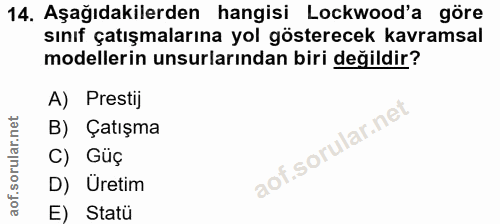 14. soru: Aşağıdakilerden hangisi Lockwood'a göre sınıf çatışmalarına yol gösterecek kavramsal modellerin unsurlarından biri de…