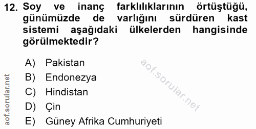 12. soru: Soy ve inanç farklılıklarının örtüştüğü, günümüzde de varlığını sürdüren kast sistemi aşağıdaki ülkelerden hangisinde…