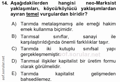 14. soru: Aşağıdakilerden hangisi neo-Marksist yaklaşımları, köycü/köylücü yaklaşımlardan ayıran temel vurgulardan biridir? A)…