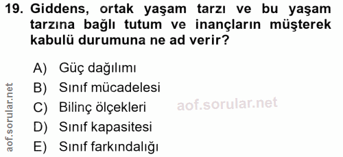 19. soru: Giddens, ortak yaşam tarzı ve bu yaşam tarzına bağlı tutum ve inançların müşterek kabulü durumuna ne ad verir? A) Güç…