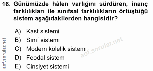 16. soru: Günümüzde hâlen varlığını sürdüren, inanç farklılıkları ile sınıfsal farklılıkların örtüştüğü sistem aşağıdakilerden…