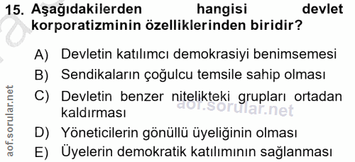 15. soru: Aşağıdakilerden hangisi devlet korporatizminin özelliklerinden biridir? A) Devletin katılımcı demokrasiyi benimsemesi…