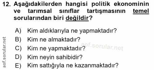 12. soru: Aşağıdakilerden hangisi politik ekonominin ve tarımsal sınıflar tartışmasının temel sorularından biri değildir? A) Ki…