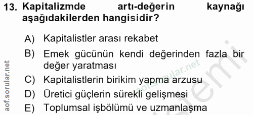 13. soru: Kapitalizmde artı-değerin kaynağı aşağıdakilerden hangisidir? A) Kapitalistler arası rekabet B) Emek gücünün kendi de…
